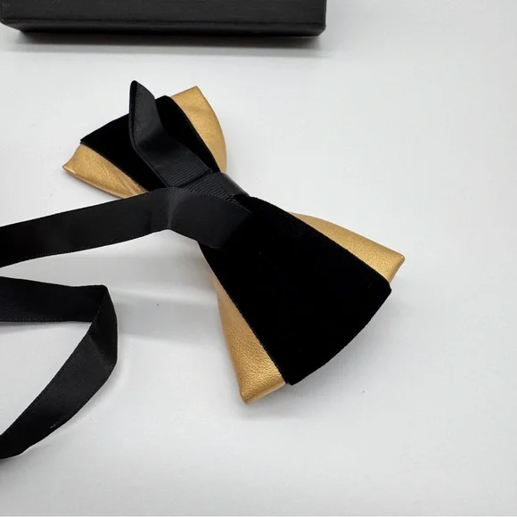 Men's PU Leather Bow Tie With Black & Gold Hardware With Crystal Stones - Picture 4 of 11